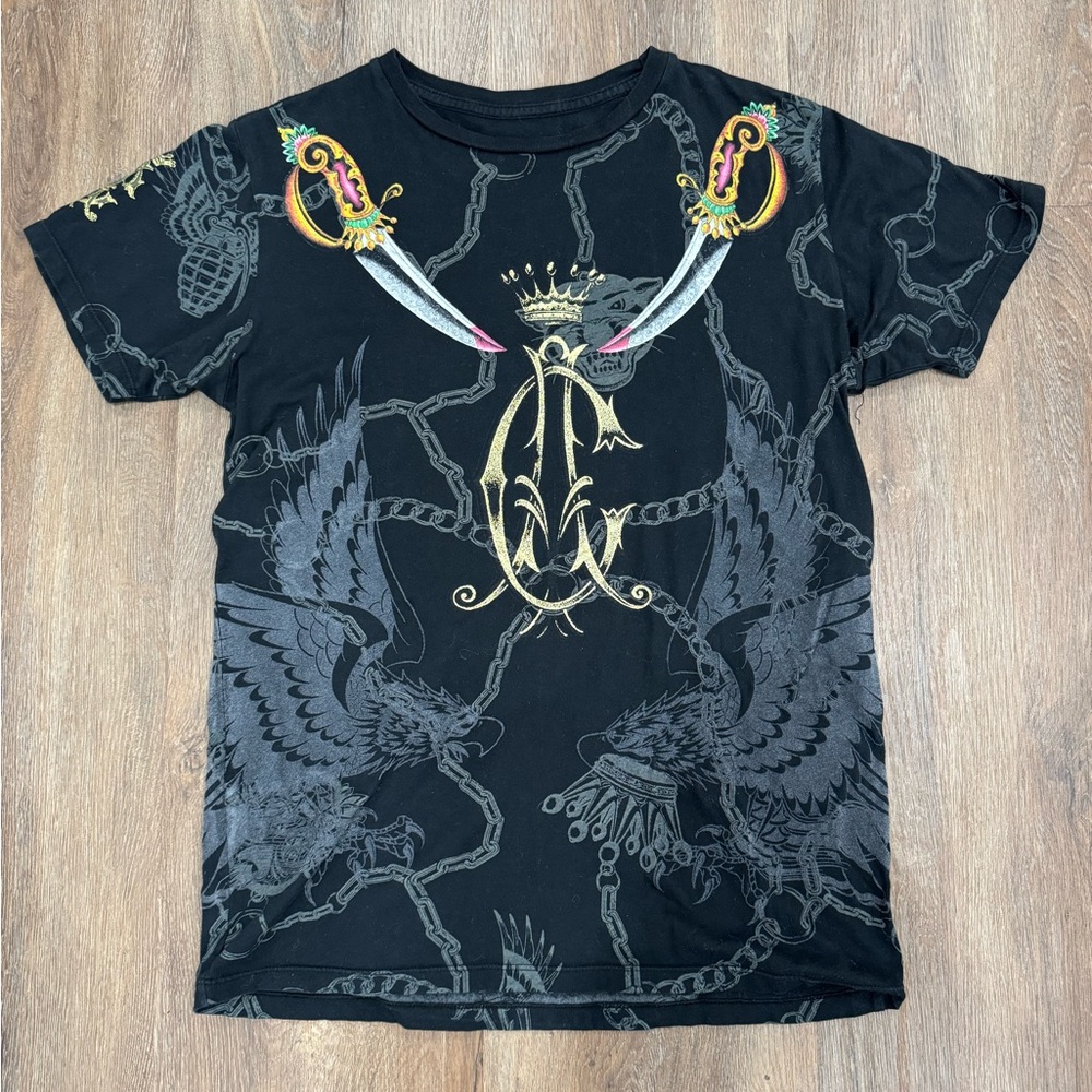 Christian Audigier Black and Gray Short Sleeve Tee with Bold Design